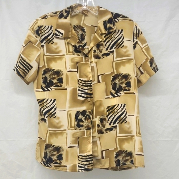 Blouse Top Patchwork Zebra Leopard print Collared short sleeve button Up Classic - Picture 1 of 6